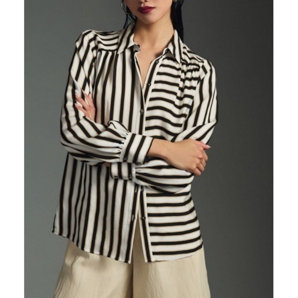 Anthropologie Silky Striped Button Down Shirt Black Tan NWT Size Medium